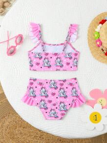 Young Girls Bikini Sets - Adorable Pink Unicorn Print Swimsuit Set. Features Soft Knitted Fabric And Ruffle-Trimmed Separable Bikini Top & Bottom. Fashionable, Casual, And Whimsically Elegant Design. Perfect For Swimming, Summer Vacations, Beach Trips, Pool Parties, And Holiday Fun. - Pink - View 2