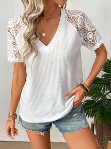 SHEIN LUNE Women's Summer Casual V-Neck Textured Patchwork T-Shirt