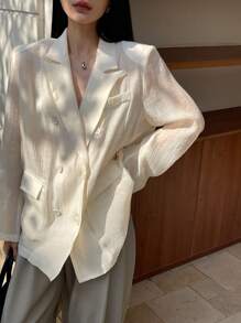 DAZY Women's Plain Front Button Closure Long Sleeve Pocket Casual Blazer Jacket,Fall Clothes Business Attire - Beige - View 7