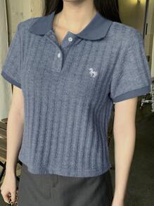 DAZY Women Casual Front Button Short Sleeve Embroidered Blouse