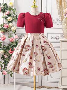 SHEIN 女童缎面串珠肩衬衫搭配提花玫瑰图案手工褶皱长裙套装