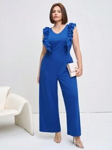 SHEIN Clasi ارتداء سليم مخملي أنيق بدون أكمام وذيل مكشكش للمقاسات الكبيرة - الأزرق - مشاهدة 6