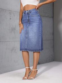 SHEIN LUNE 女士休闲牛仔裙，简约时尚的日常穿搭 - 淺色水洗藍 - 查看 4