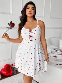Celure Vestido midi con estampado de corazones en todo el Body, decoración de moño y tirantes divididos, para mujer talla grande, para San Valentín en verano - Blanco - Ver 5