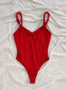 Mono casual vintage con textura de punto, con adorno de encaje romántico para mujeres, ropa de verano rosa - Rojo - Ver 4