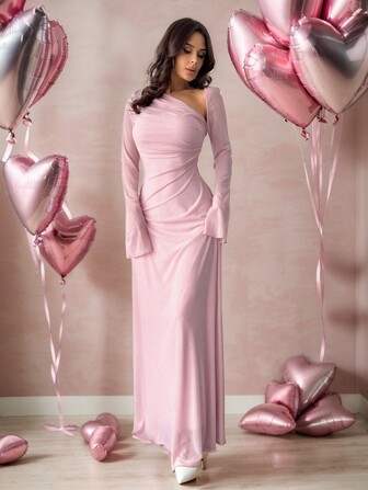 SHEIN Privé 女士浅粉色不对称肩部网眼长袖褶皱超长连衣裙，粉色连衣裙，情人节连衣裙