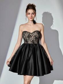 SHEIN Belle Damen elegantes Spitzen-Patchwork trägerloses Kleid für formelle Anlässe, Damen luxuriöses langes Abendkleid, Abschlussballkleid, Hochzeitsgast-Kleid, Partykleid, Abiballkleid - Schwarz - Übersicht 4
