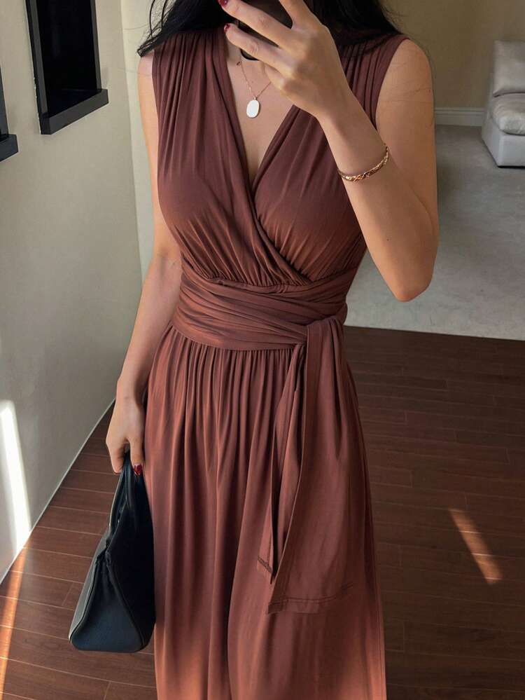 V-Neck Sleeveless Solid Color Tie Waist Long Dress, Elegant Summer Dress For Women Elegant Sundress Work Women Clothes,Formal Women Dresses Maxi Dress