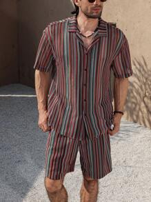Manfinity RSRT Conjunto de camisa de manga corta casual a rayas y pantalones cortos para hombre Manfinity Nomadique