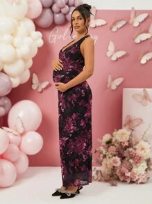 Loomaby Maternity Floral Print Halter Dress, For Baby Shower Party, Valentine's Day, Gender Reveal Dress