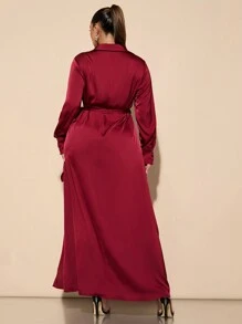 SHEIN BAE Plus Size Women Spring/Summer Wine Red Wrap Tie Long Slit Dress - Burgundy - View 6