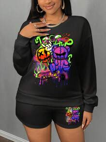 Slaydiva 2pcs Plus Size Women Casual Round Neck Letter & Cartoon Bear Graphic Long Sleeve Sweatshirt With Shorts Set, Suitable For Spring, Autumn & Winter
