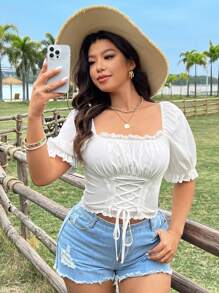 Sunnyshic Blusa de estilo francés para mujer de talla grande con cuello cuadrado, encaje de contraste, mangas abullonadas, ajustable con nudo en la cintura