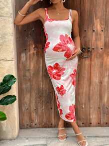 SHEIN Maternity Floral Print Simple Fitted Tank Long Dress - Pink - View 5