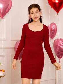 SHEIN Tween Girls French Collar Knitted Ribbed Dress,Burgundy Red Autumn Elegant Wedding Guest Long Sleeve Snug Fit Mini Dresses,Matching Family Style - Burgundy - View 7