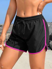 Swim SPRTY Quần short bo gấu cạp chun rút dây tương phản cho nữ, dành cho kỳ nghỉ hè - màu đen - Xem 5