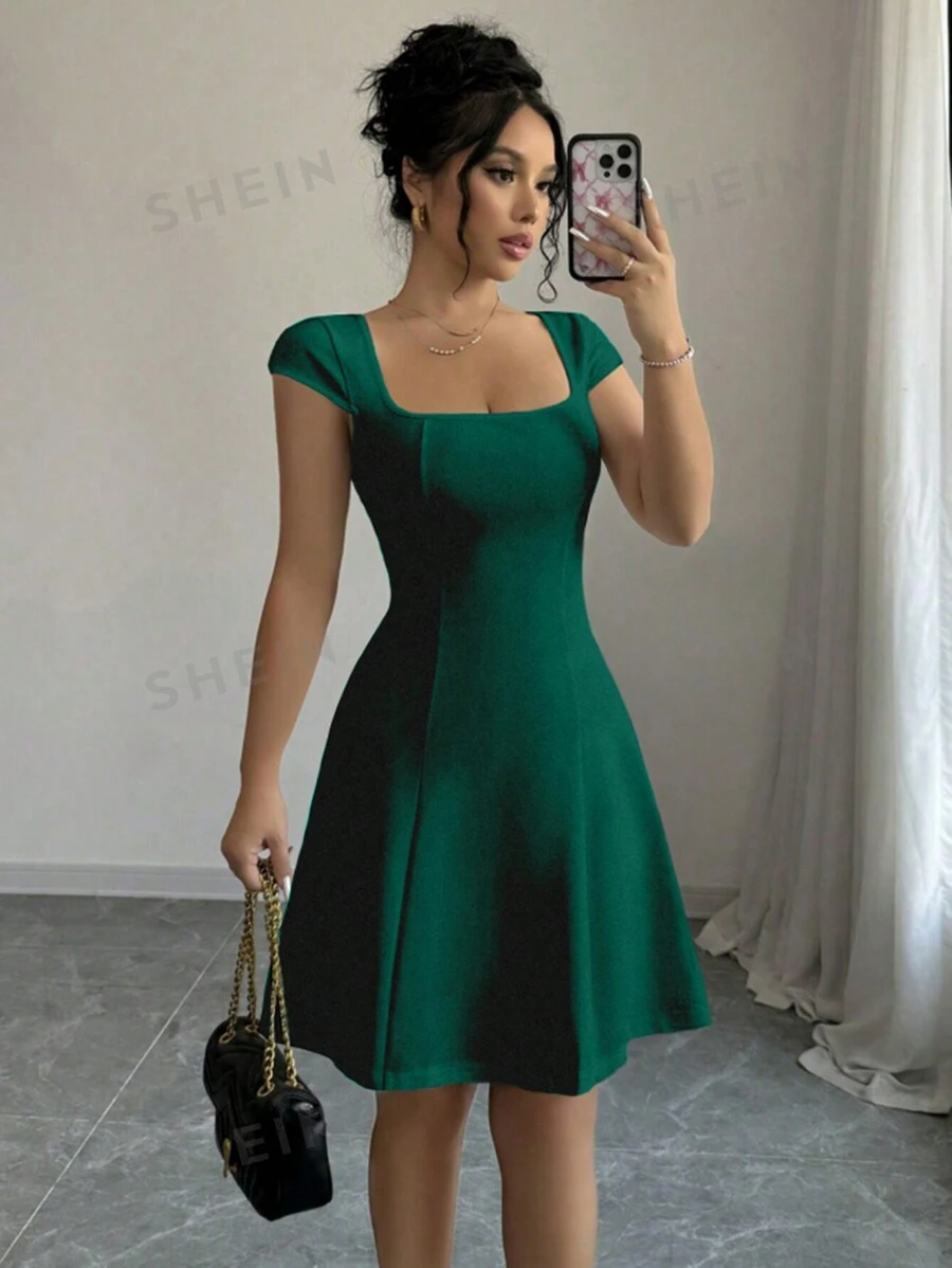 Elenzga Nuevo vestido línea A de mujer con cuello cuadrado y mangas abullonadas, unicolor de alta elasticidad, estilo elegante y sofisticado, ajuste ceñido, cintura entallada, ideal para uso diario/casual en otoño/invierno