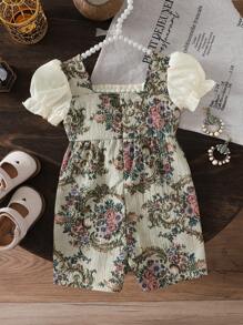 Infant & Baby Girl Ruffle Collar Floral Print Bowknot Romper With Ruffled Short Sleeve, Comfortable & Sweet, Suitable For Home & Outdoor, Spring/Summer/Autumn