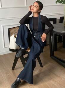 Livesso 女士无袖牛仔背带裤和连衣裤 - 深色水洗藍 - 查看 4