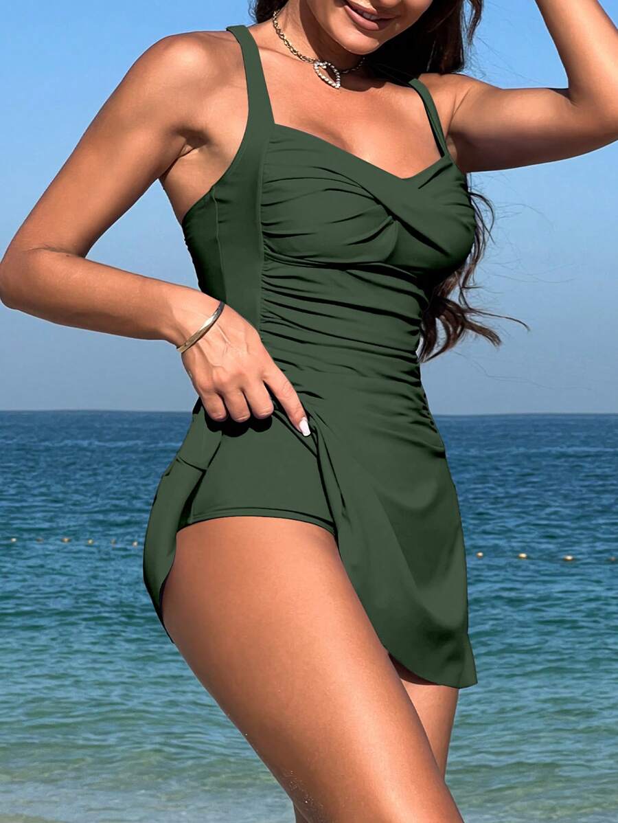 Swim Lushoire 2pcs Women Beach Outfit Set: Plain Criss Cross Front Ruched Top And Sexy High Waist Swim Shorts Tankini Set, For Summer Vacation