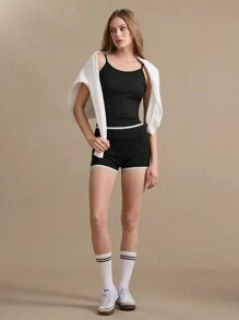 SHEIN 女士撞色边饰吊带背心和修身短裤运动休闲装 - 黑色 - 查看 2