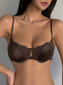 DAZY Lace Semi-Sheer Wireless Unpadded Bra - Coffee Brown - View 3