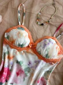 Soleia Vestido de verano con estampado floral romántico, encaje de contraste, dobladillo asimétrico, tirantes de espagueti para vacaciones, playa, primavera, Día de San Valentín, cumpleaños