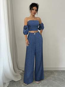 Elenzga 2pcs Women Solid Color Crop Top And Casual Long Pants Set - Blue - View 6