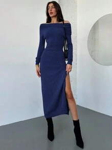 Aloruh Geknöpftes Kleid mit Off-Shoulder und geraffter Taille, minimalistischer Stil für den Arbeitsweg