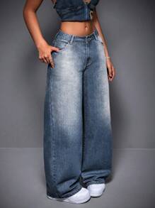 SHEIN ICON Women's Casual Washed Low-Rise Wide Leg Jeans - Light Grey - View 5