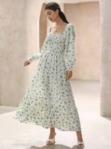 Aveloria Rosie Elegant Square Neck Romantic Blue Ditsy Floral Textured Flare Waist Long Sleeve Dress For Women Boho Vacation Fashionable Style All Over Print