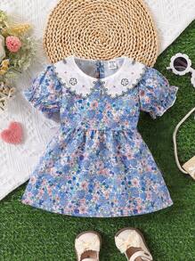 Baby Girl Peter Pan Collar Short Sleeve Floral Print Casual Dress