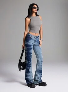 LYSMO Quần Jeans Denim Đơn Giản Túi Nút Phía Trước Cho Nữ, Mặc Hàng Ngày Thường Ngày - Màu xanh lam - Xem 1