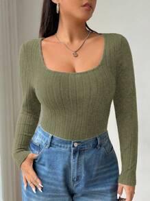 SHEIN EZwear Plus Size Women's School Casual Basic Crew Neck Long Sleeve Knit T-Shirt, Elastic And Soft Fabric Suitable For Everyday Wear, Yoga, Indoor And Outdoor, Military Green