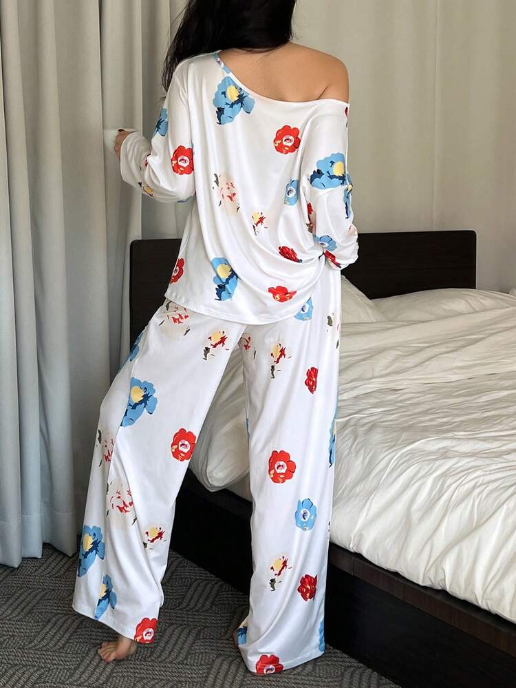 Floral Allover Print Oblique Shoulder Loose Pajama Set