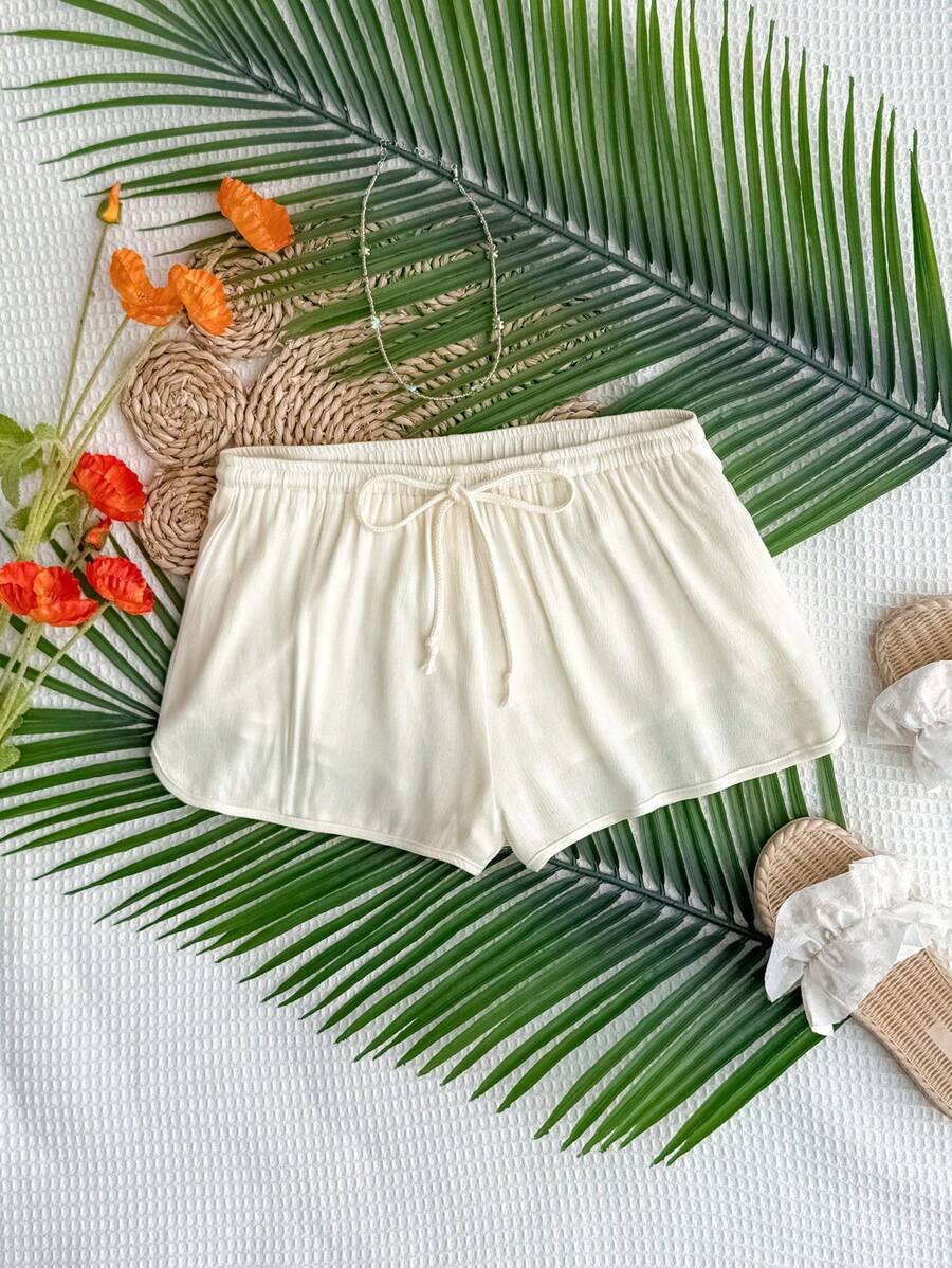SHEIN Unity Short décontracté taille-ceinture de couleur unie pour femmes - Nude - Voir 1