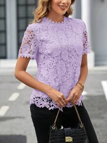 SHEIN Clasi Women's Solid Color Lace Trim Short Sleeve Casual Top, Everyday Wear