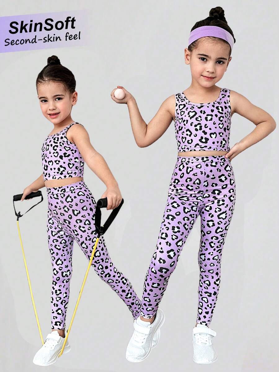 SHEIN Conjunto deportivo de top sin mangas y leggings de punto con estampado de leopardo para niñas jóvenes, de unicolor de punto, ropa de práctica elástica para niños.