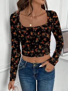 SHEIN LUNE Camiseta de manga larga con cuello en V con estampado de rosas y recogida, adecuada para el verano