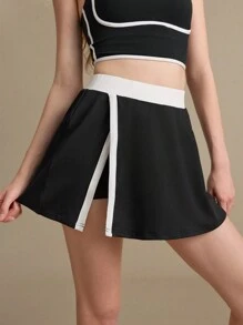 女士拼色侧开衩下摆休闲运动短裙网球裙 - 黑與白 - 查看 6