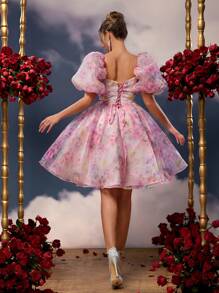 Lovelzi 春夏优雅浪漫粉色欧根纱 3D 花卉印花形领泡泡袖泡泡袖婚礼宾客礼服，适合晚餐约会单身派对返校季毕业季成人婚礼活动舞会礼服 - 彩色 - 查看 4