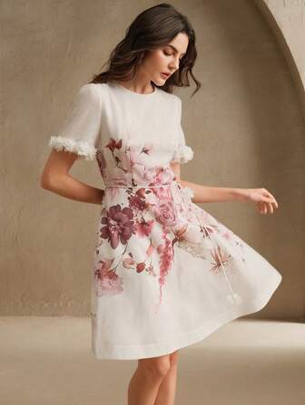 Anewsta فستان قصير أنيق بوضع طباعة الزهور واللانشون - خصر مربوط بالأنيق للنساء