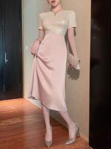 DAZY 亮片拼接圆领及膝女式连衣裙 舞会礼服 吊带裙，正式女装 优雅女装 新年女装 嘉年华服装