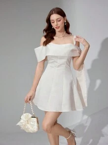 Poshira Damen Kleid mit einfarbigem breitem Träger für Lässig Partys, Damen Mode Frühling Sommer Partykleid für Feiern, Dates, Urlaub, Hochzeit und Prominenten-Events, modisches Taillenkleild für Hochzeitsgäste - Aprikosenfarben - Übersicht 5