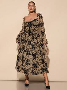 SHEIN BAE 大码女式甜美性感派对/约会之夜黑色提花荷叶边下摆及膝连衣裙