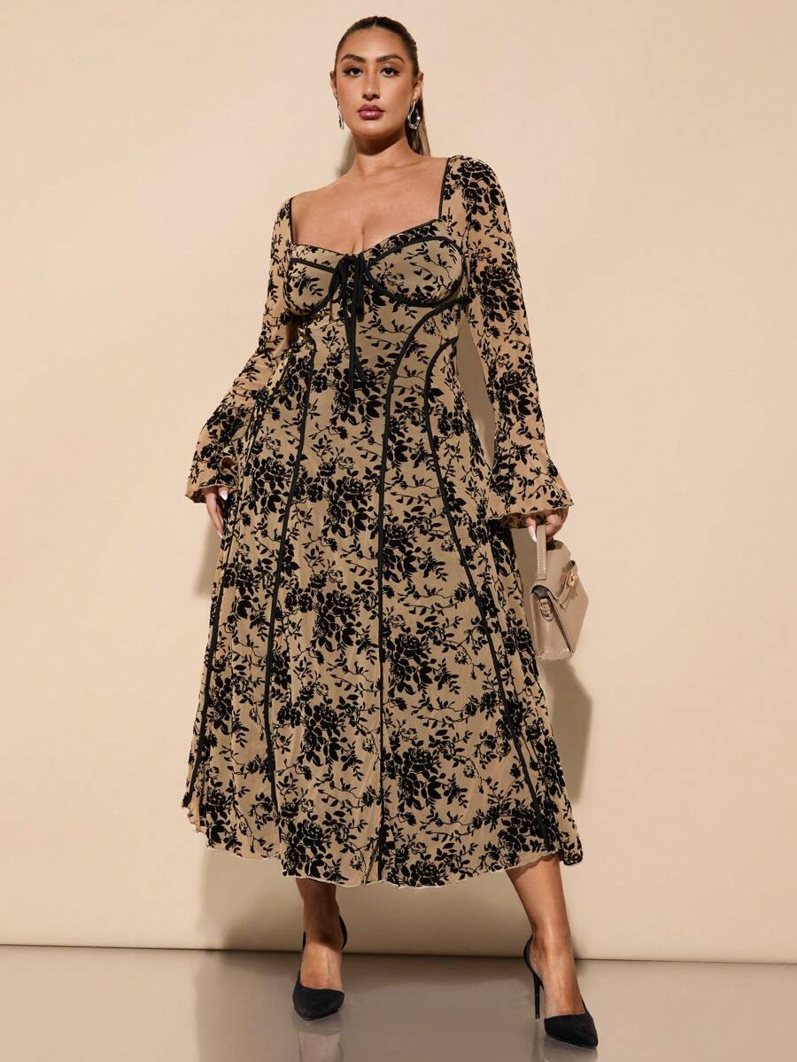 SHEIN BAE 大码女式甜美性感派对/约会之夜黑色提花荷叶边下摆及膝连衣裙