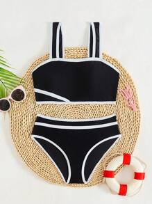 SHEIN Conjunto de traje de baño para niñas preadolescentes, diseño simple con tirantes ajustables, 2 piezas, contraste de color negro y blanco, estilo minimalista y de moda, adecuado para nadar y playa - Blanco y Negro - Ver 4