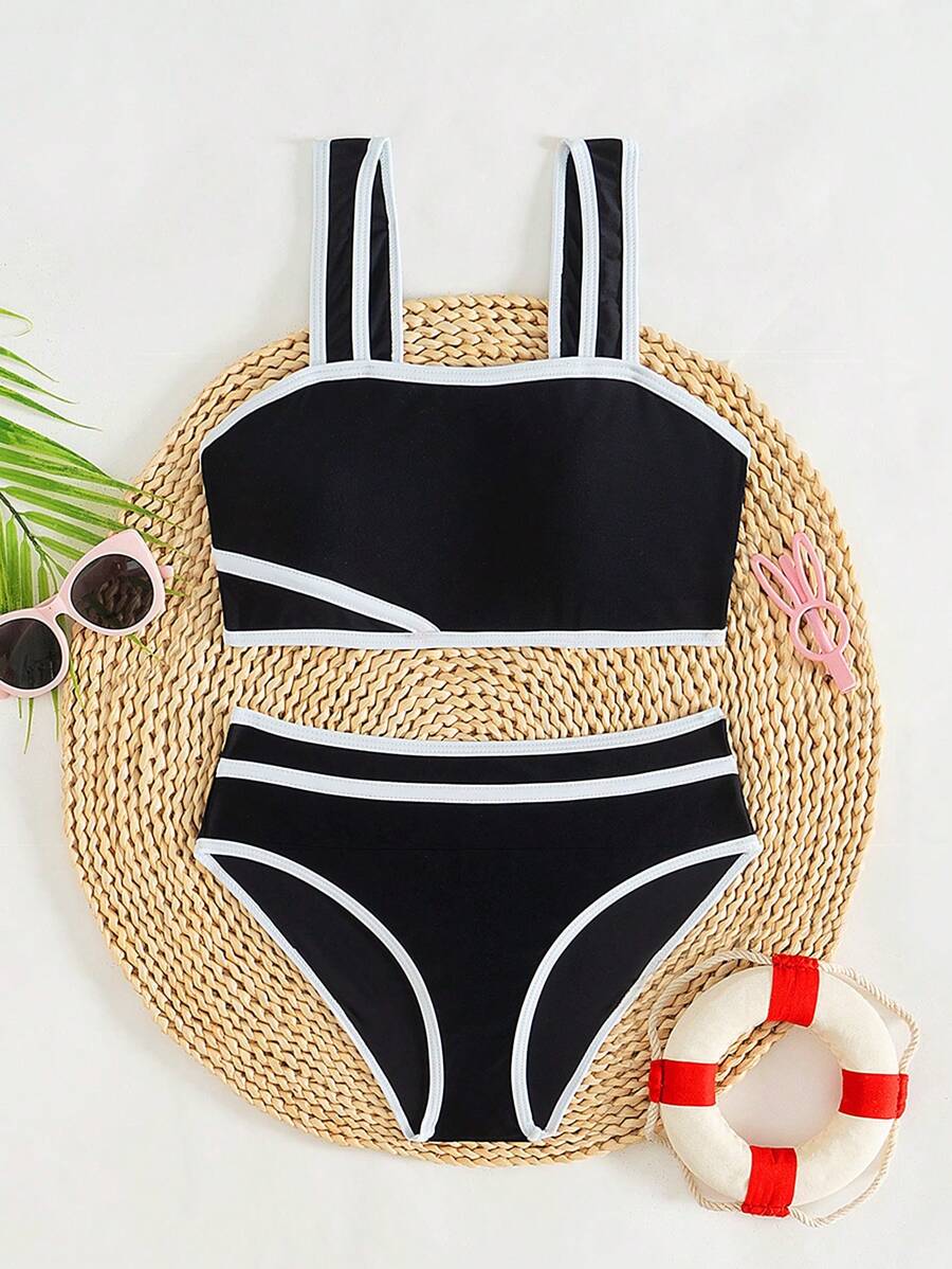 SHEIN Tween Girls Swimwear Set, Simple Design With Adjustable Shoulder Straps, 2 Pieces, Black And White Color Contrast, Minimalist And Fashionable Style, Suitable For Swimming And Beach Popular Swimsuits For Teen Girls Swimsuits For Teen Girls Two Pieces Bathing Suits For Teens Two Pieces Swimsuits For Teen Girls 2 Pieces 13 Year Old Summer Holiday - Black and White - View 1