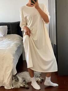 DAZY Minimalist Heart Pattern Textured Fabric Loose Fit House Dress Pajama - Beige - View 6