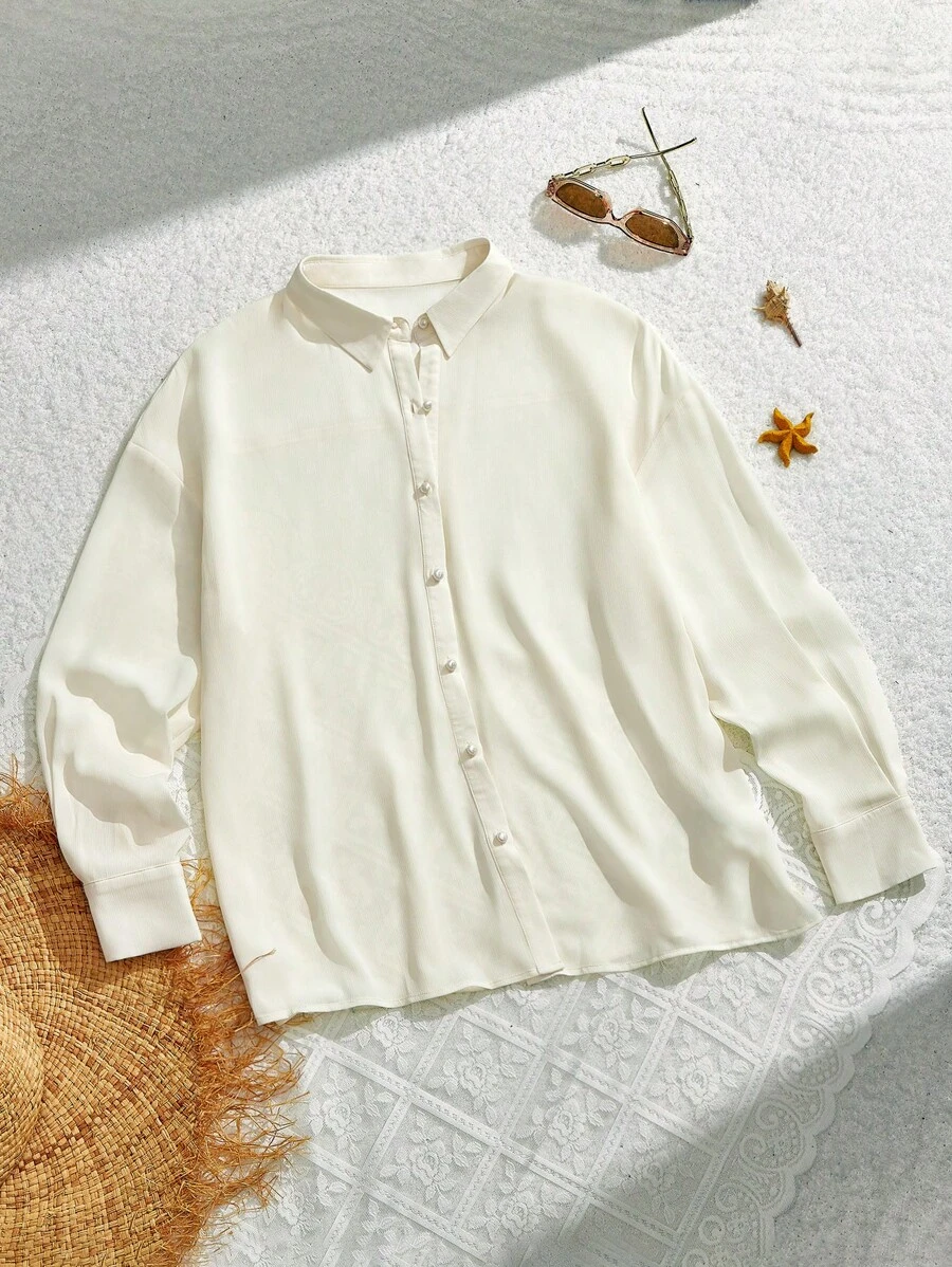 SHEIN MOD Women Casual Turndown Collar Long Sleeve Chiffon Apricot Shirt,,Beach Vacation,Beach Vacation Outfits,Swimsuit Cover Up,Moda Praia Maiô For Summer Beach Vacation